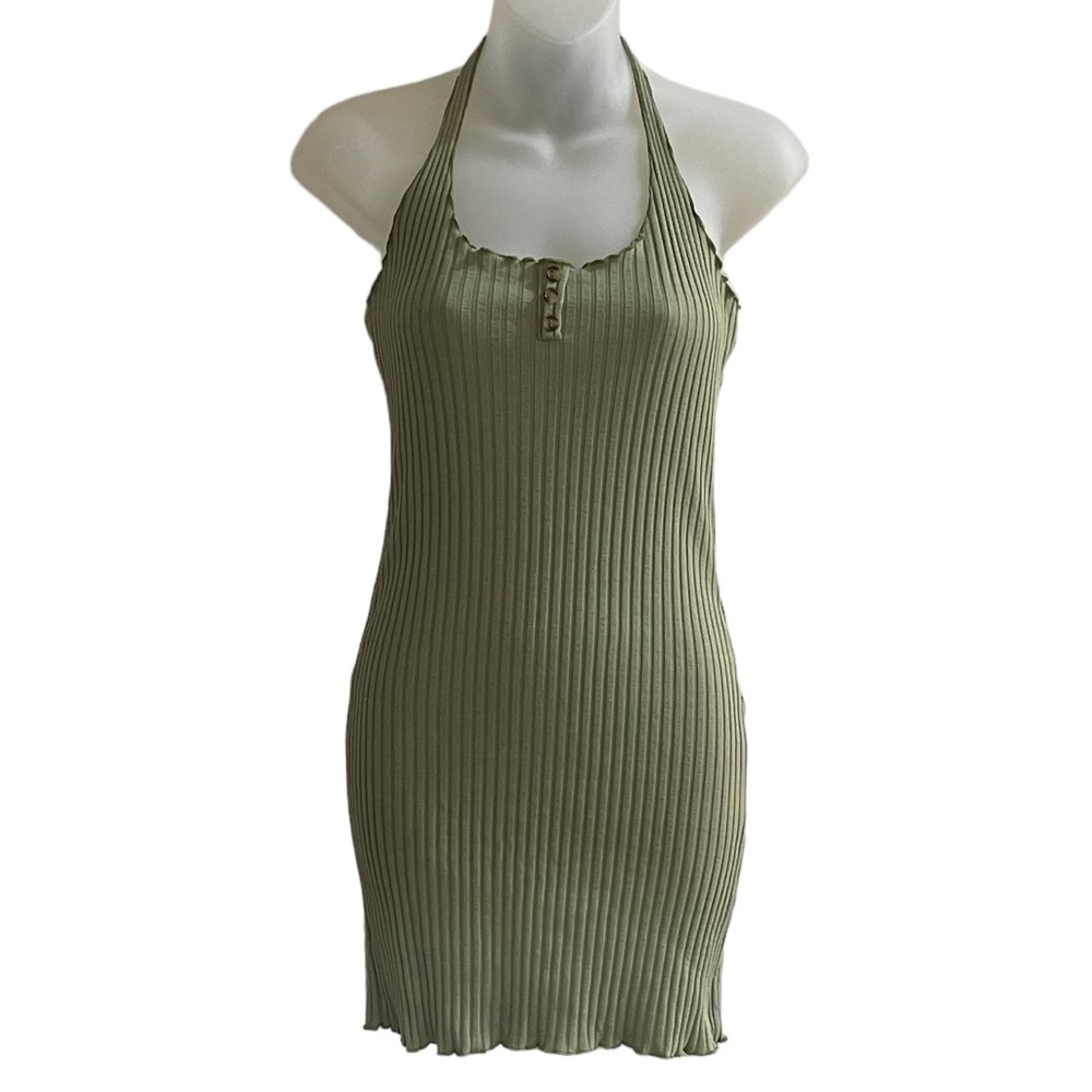 LUNA CHIX Green Ribbed Fitted Bodycon Mini Tie Neck Dress SZ S